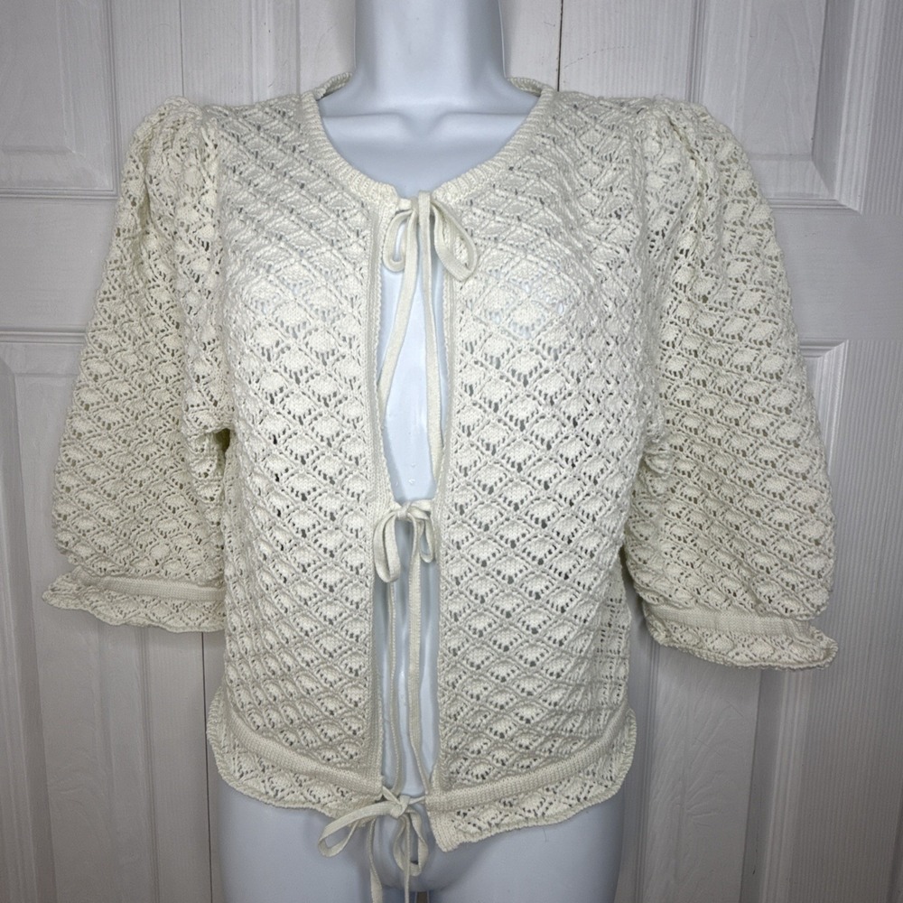 ZARA Cream Pointelle Knit Tie Front Cardigan Openwork Crochet Top Boho M Medium